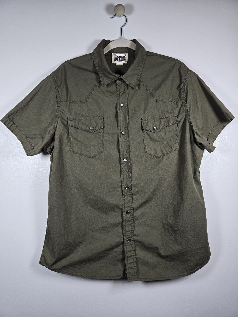 Converse One Star Green Pearl Snap Button Short Sleeve Cotton Shirt Size Large